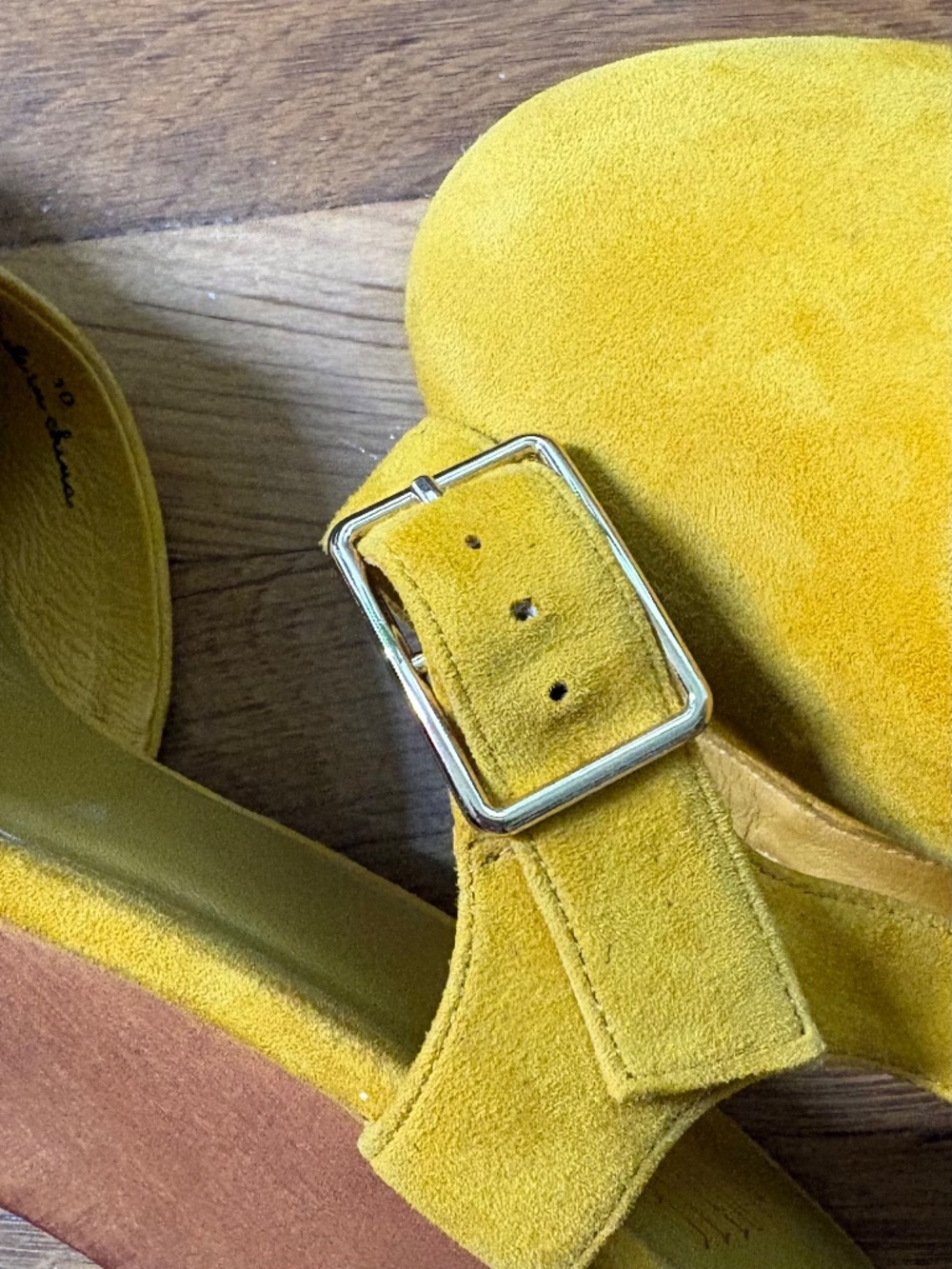 Charlotte Stone Sal Wooden Block Platform Heels in Ochre Yellow Women's US 10 - Picture 12 of 14